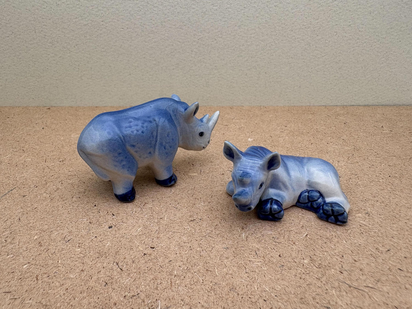 Blue Ceramic Rhino Figurine Set, Safari Animal Decor