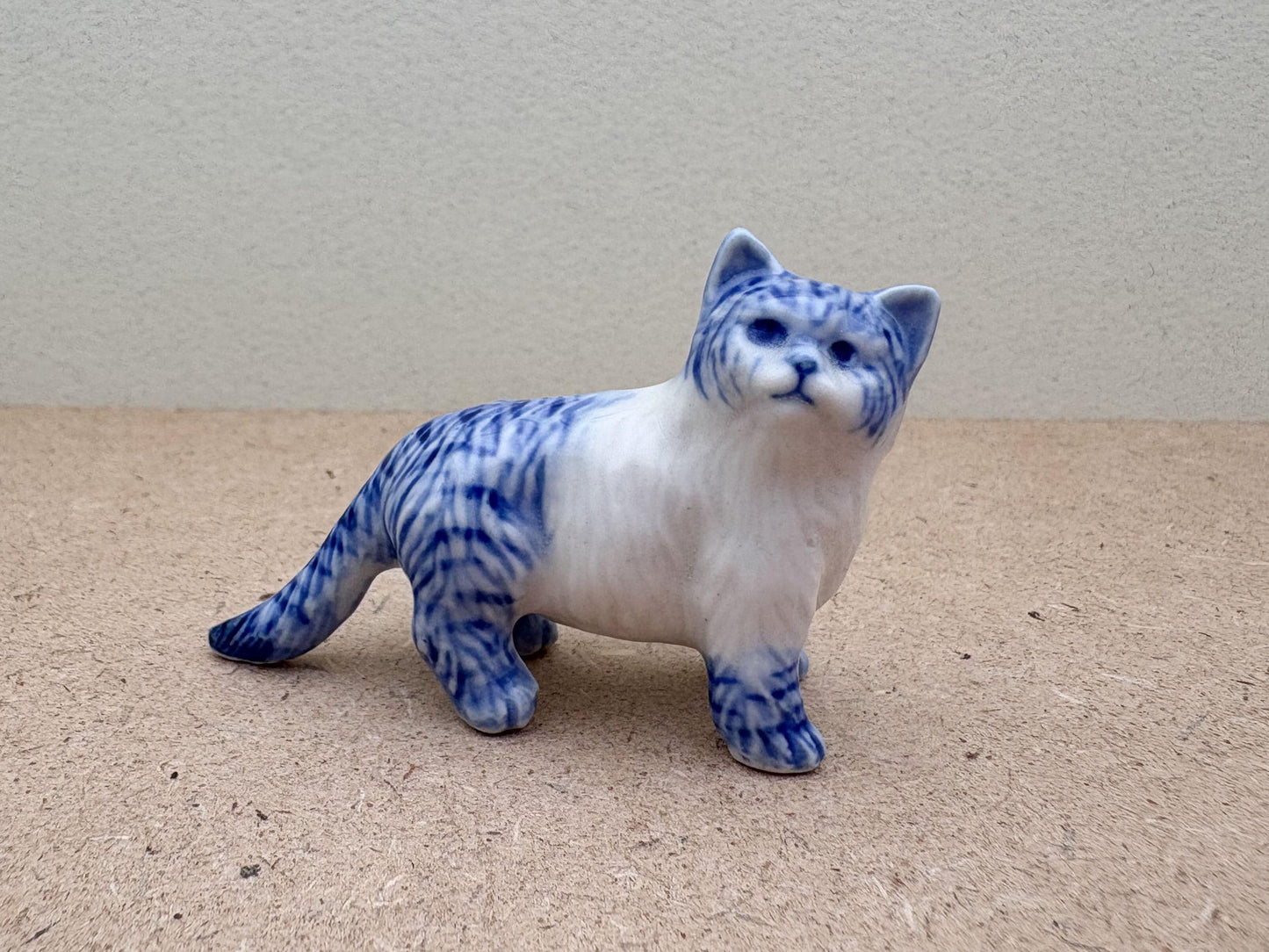Handcrafted Blue & White Porcelain Cat Figurine: Collectible Ceramic Kitty