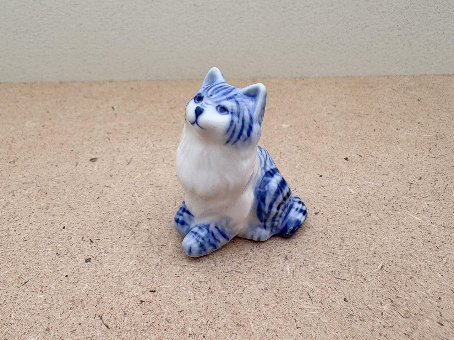 Handcrafted Blue & White Porcelain Cat Figurine: Collectible Ceramic Kitty