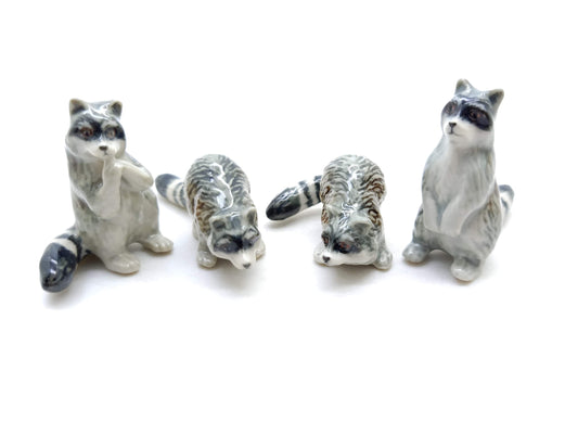 Set of 4 Raccoon Ceramic Figurine Animal Miniature Statue