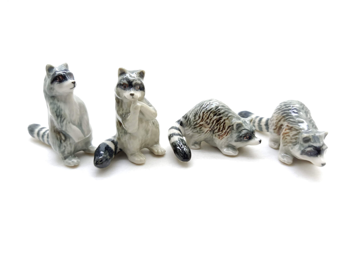 Set of 4 Raccoon Ceramic Figurine Animal Miniature Statue