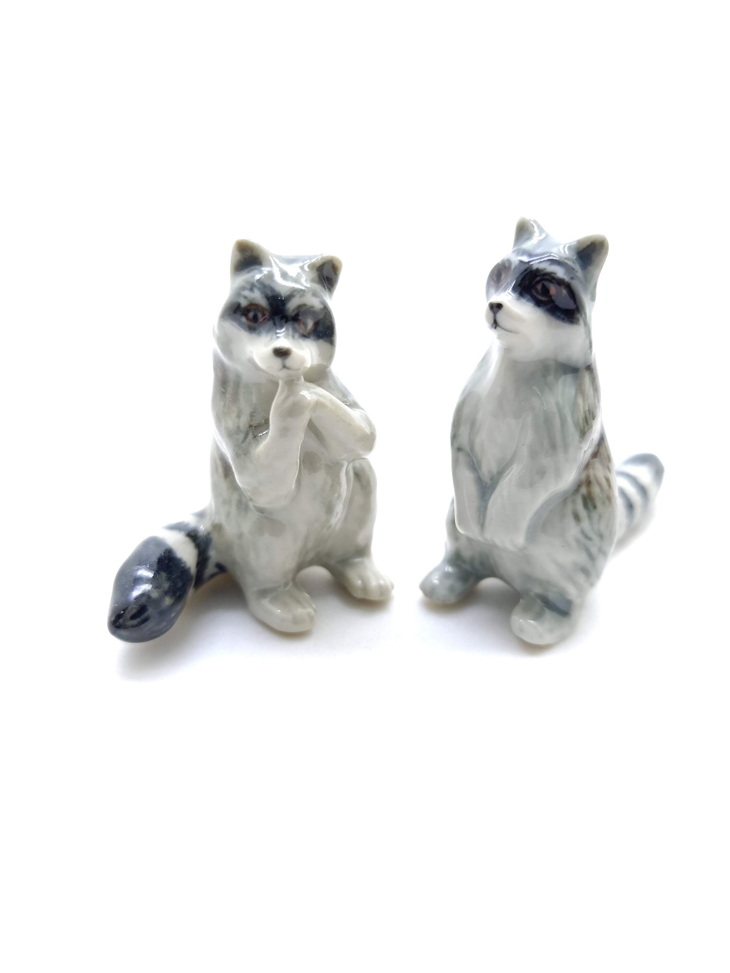 Set of 4 Raccoon Ceramic Figurine Animal Miniature Statue
