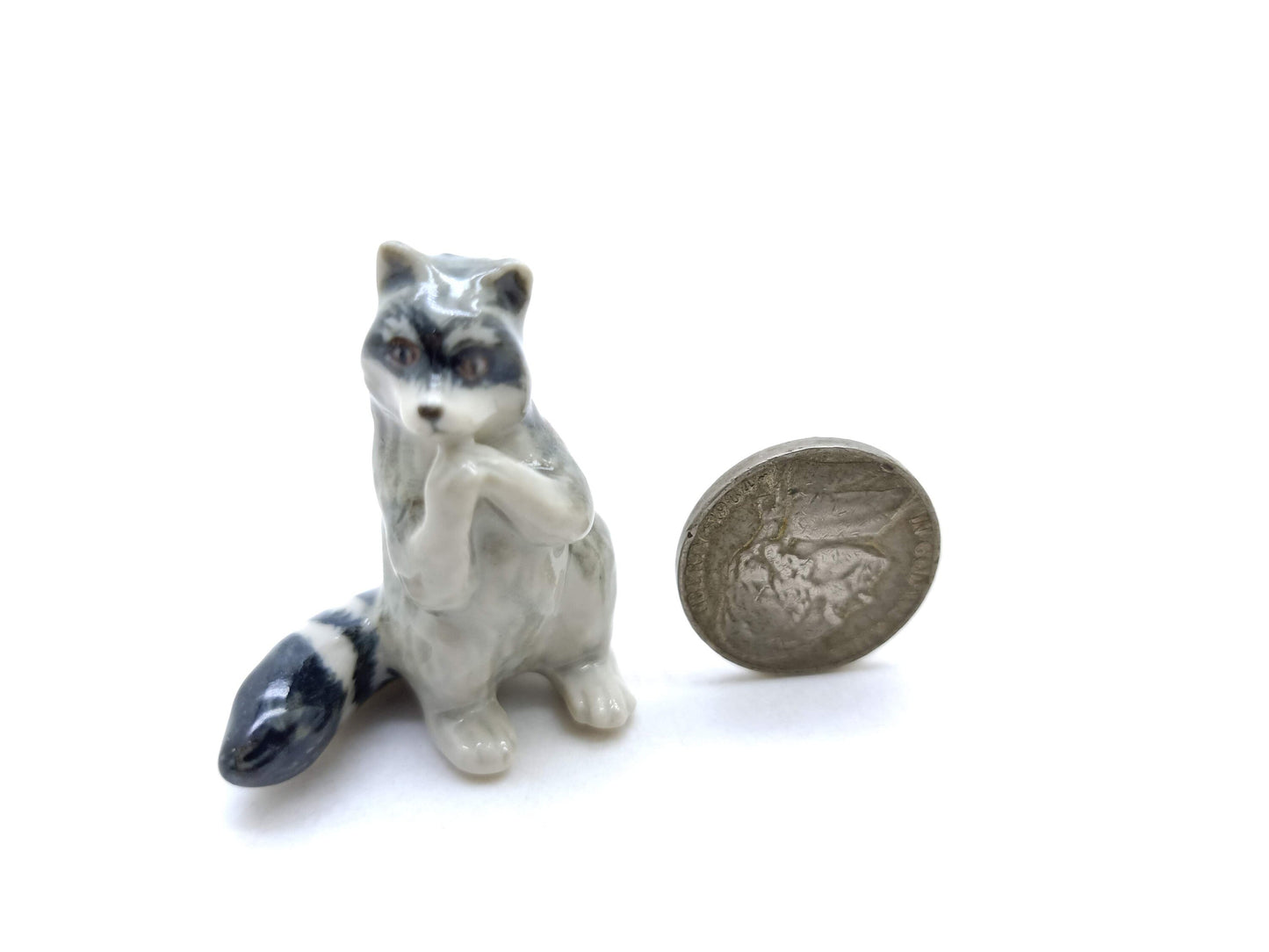 Set of 4 Raccoon Ceramic Figurine Animal Miniature Statue