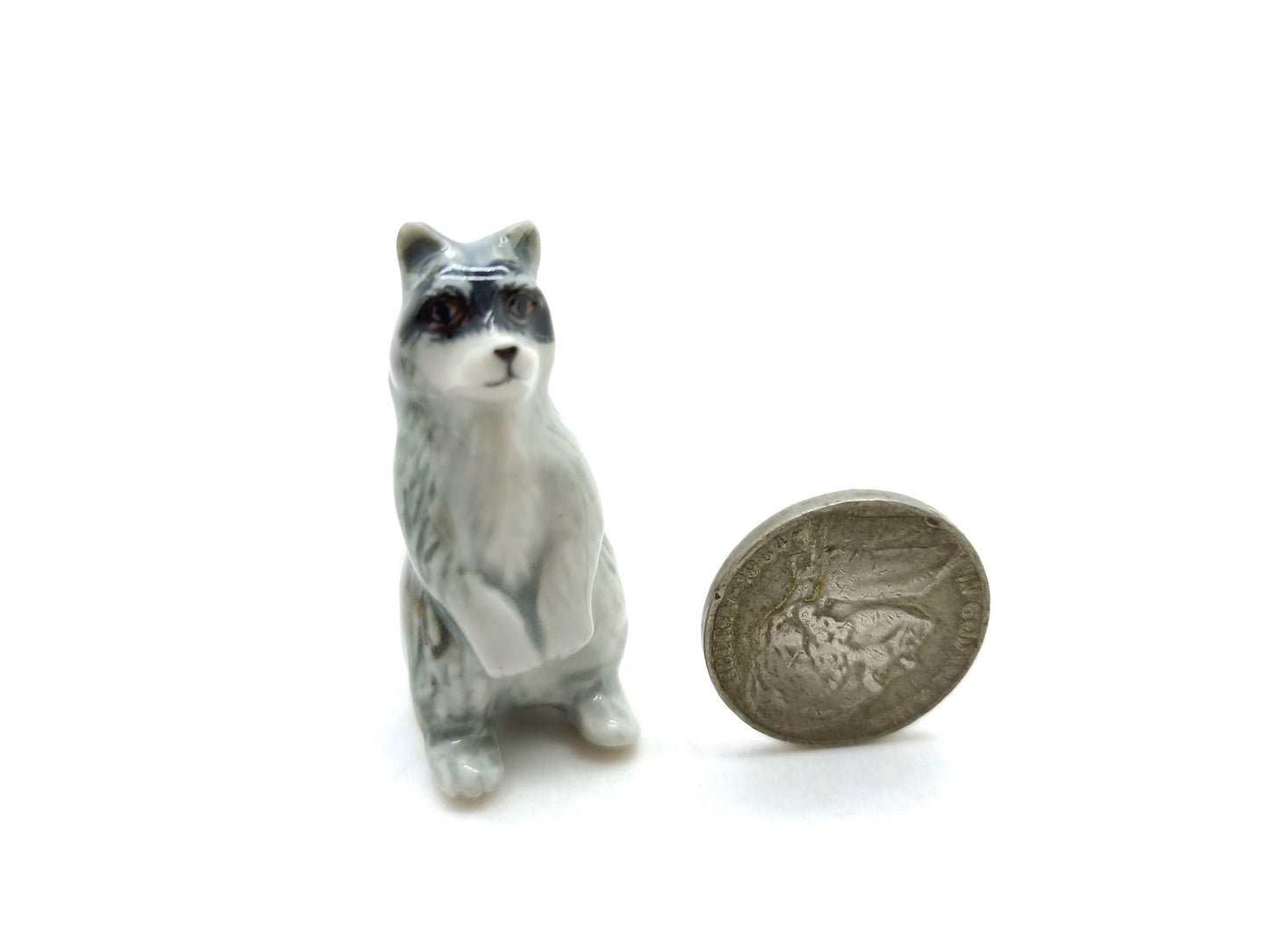 Set of 4 Raccoon Ceramic Figurine Animal Miniature Statue