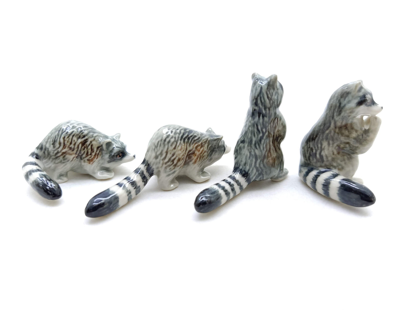Set of 4 Raccoon Ceramic Figurine Animal Miniature Statue