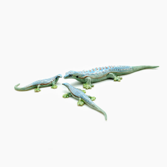 Set of 3 Light Blue Gecko Lizard Ceramic Figurine Statue