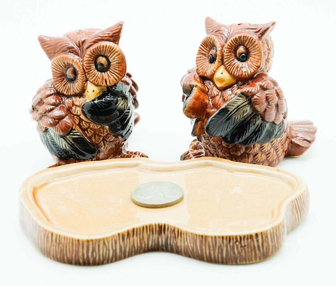 Figurine Ceramic Statue Salt Pepper Shaker S&P Brown Owl with Tray