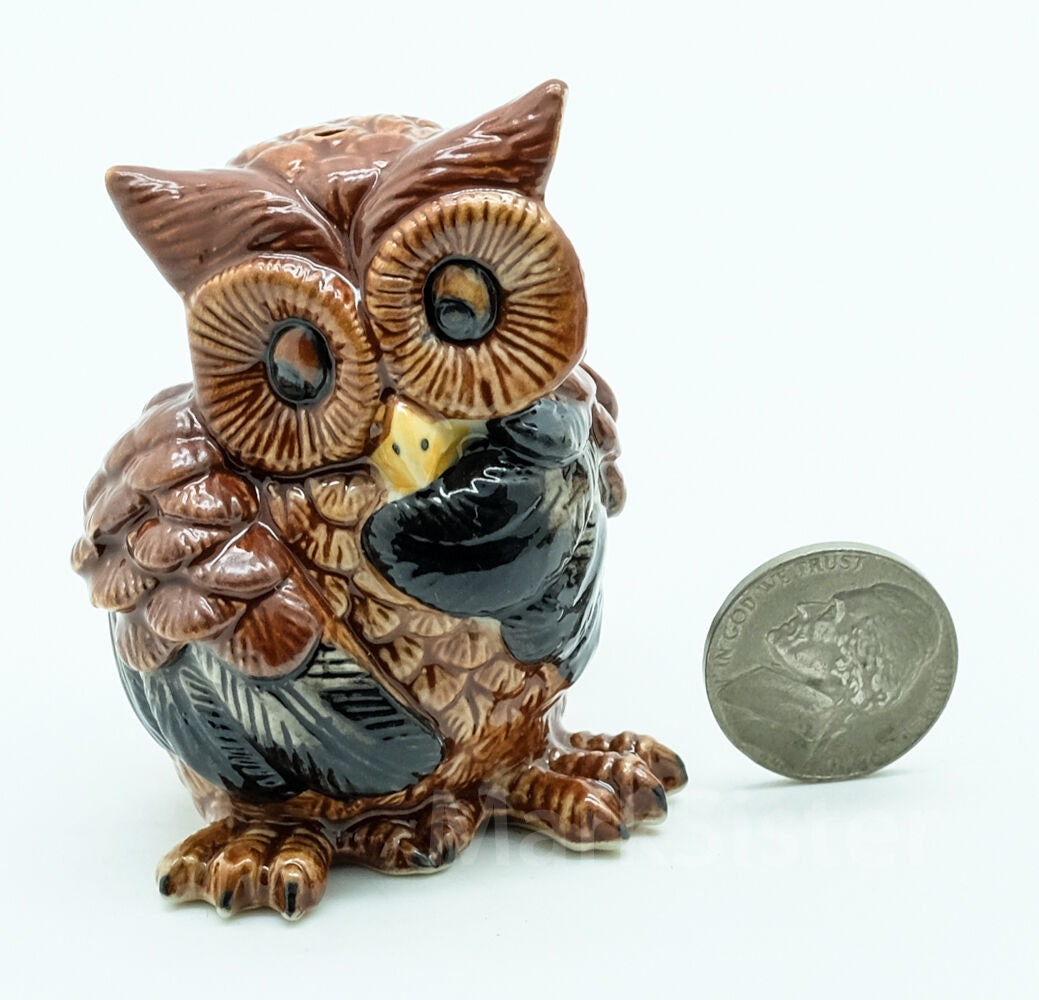 Figurine Ceramic Statue Salt Pepper Shaker S&P Brown Owl with Tray