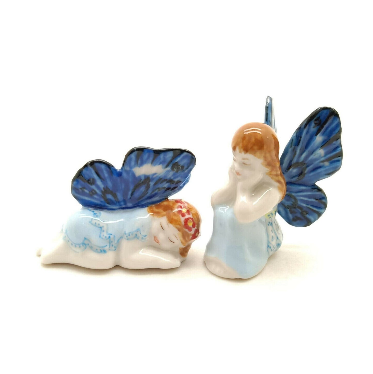 Set of 2 Angel Ceramic Figurine Miniature Blue with Wings Statue