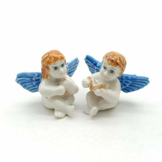 Sets of 2 Angel Ceramic Figurine Miniature Baby with Blue Wing Statue