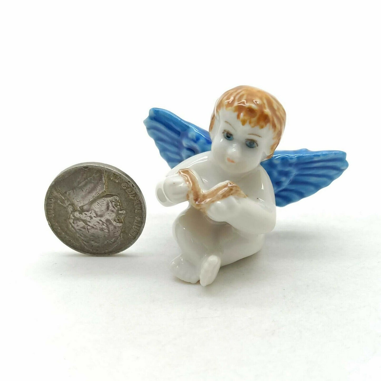 Sets of 2 Angel Ceramic Figurine Miniature Baby with Blue Wing Statue