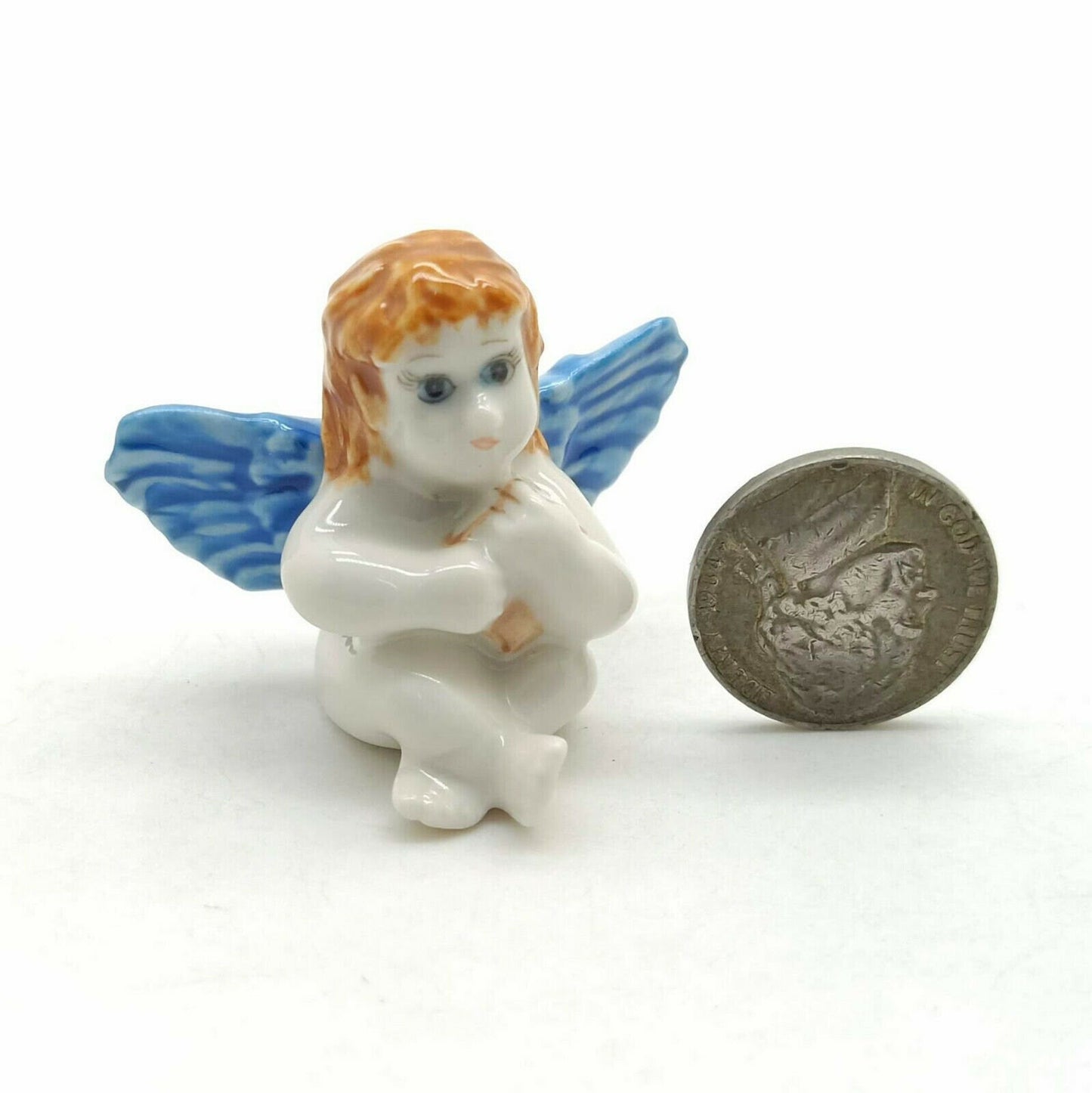 Sets of 2 Angel Ceramic Figurine Miniature Baby with Blue Wing Statue