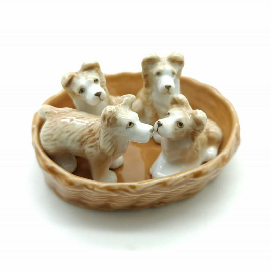 Set of 4 Brown Collie Dog Ceramic Figurine Miniature Puppy with Basket Statue