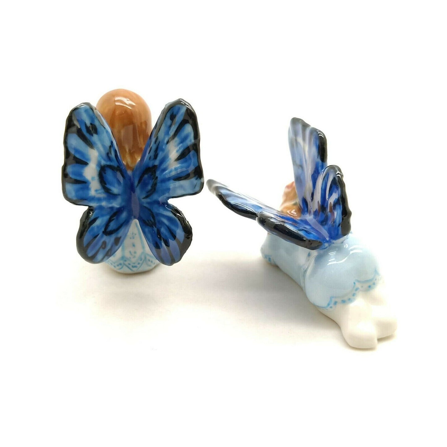Set of 2 Angel Ceramic Figurine Miniature Blue with Wings Statue