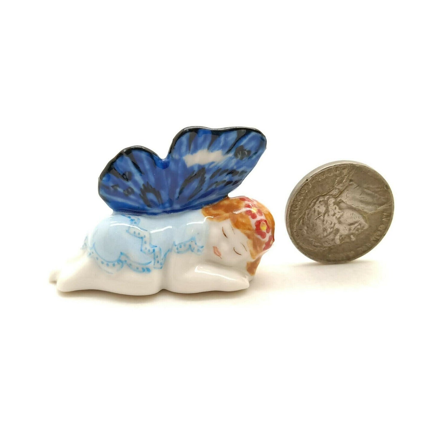 Set of 2 Angel Ceramic Figurine Miniature Blue with Wings Statue