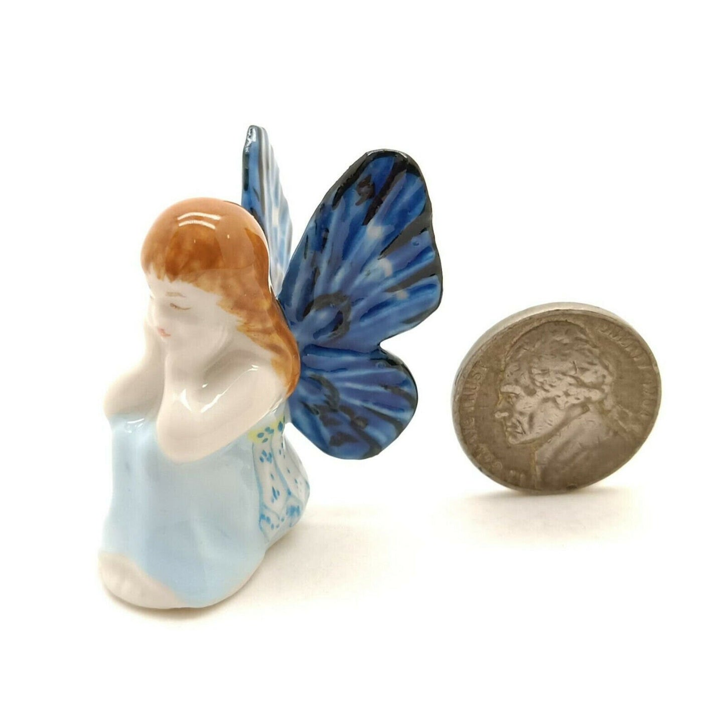 Set of 2 Angel Ceramic Figurine Miniature Blue with Wings Statue