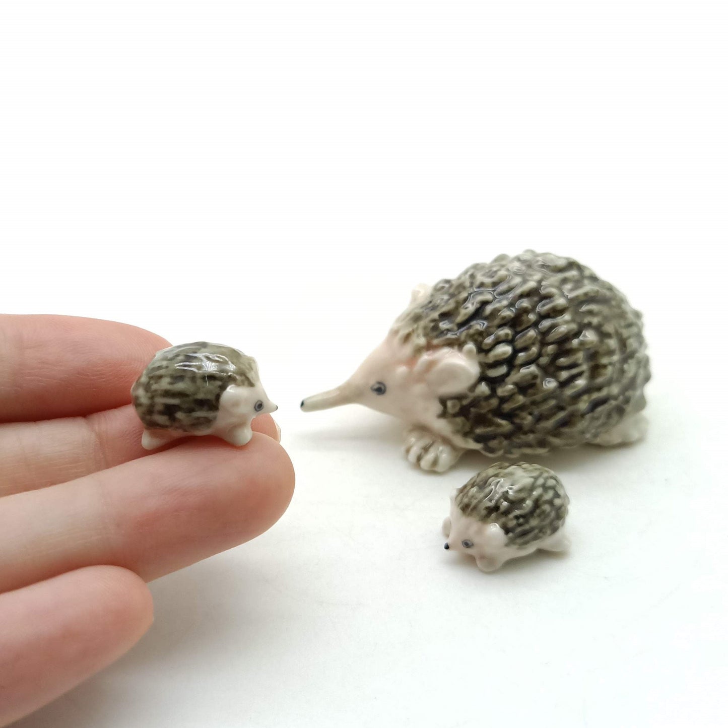 Set of 3 Hedgehog Porcupine Ceramic Figurine Miniature Statue
