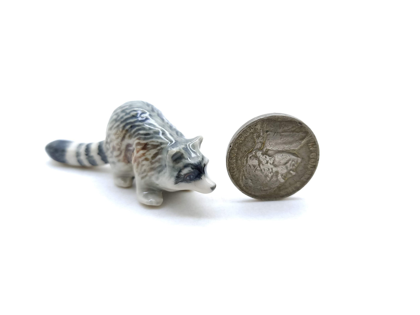 Set of 4 Raccoon Ceramic Figurine Animal Miniature Statue