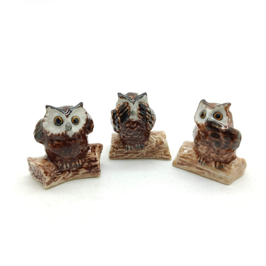 Set of 3 Owl Bird on Evil Ceramic Figurine Miniature Statue
