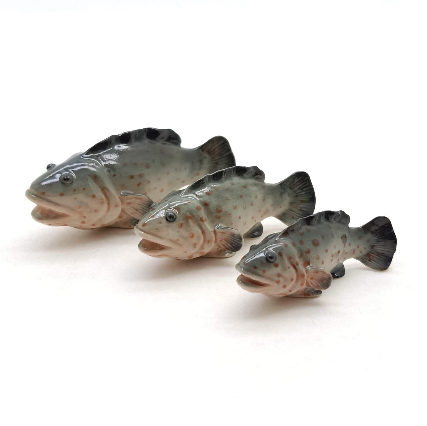 3 Grouper Fish Ceramic Figurines Miniature Statue