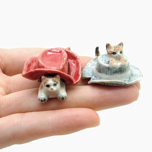 Set of 2 Kitten Cats in hat Ceramic Figurine Miniature Statue