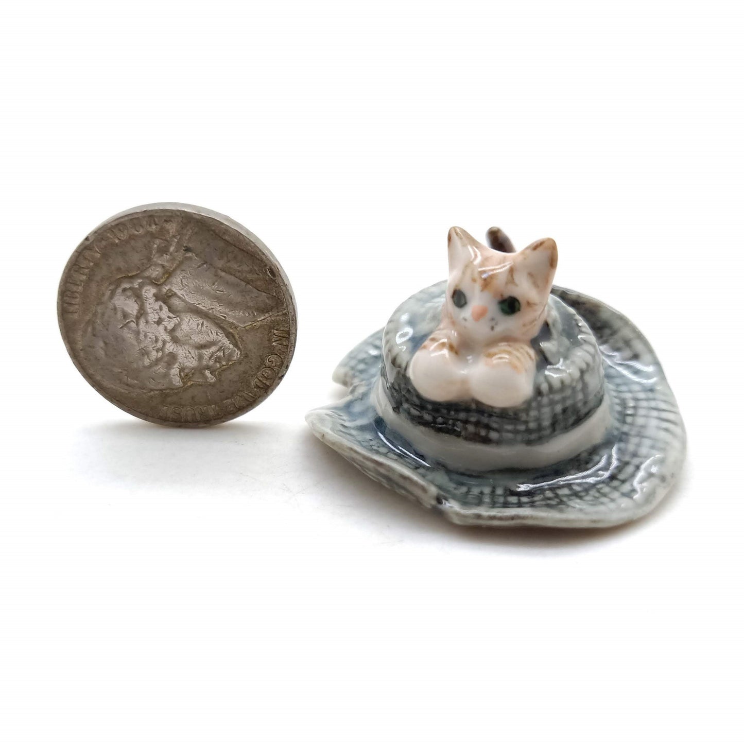 Set of 2 Kitten Cats in hat Ceramic Figurine Miniature Statue