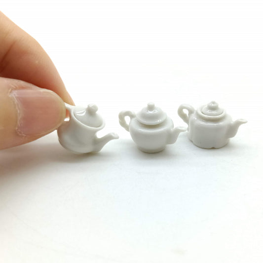 3 White Teapot Pot Ceramic Dollhouse Miniature 1/12
