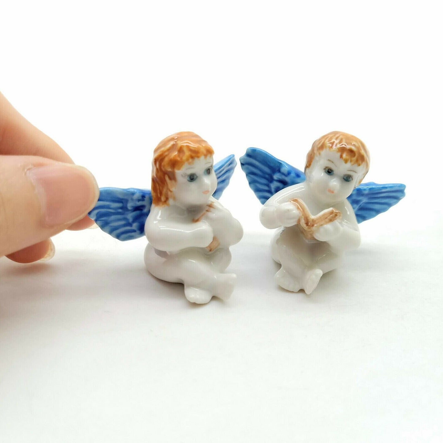 Sets of 2 Angel Ceramic Figurine Miniature Baby with Blue Wing Statue