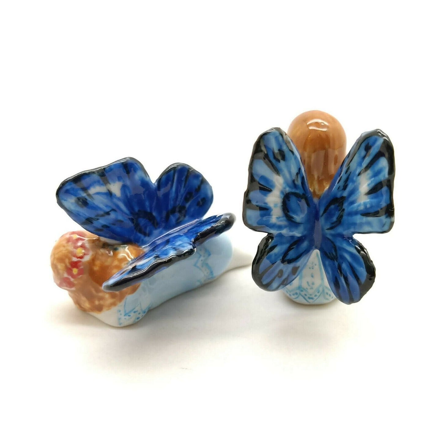 Set of 2 Angel Ceramic Figurine Miniature Blue with Wings Statue