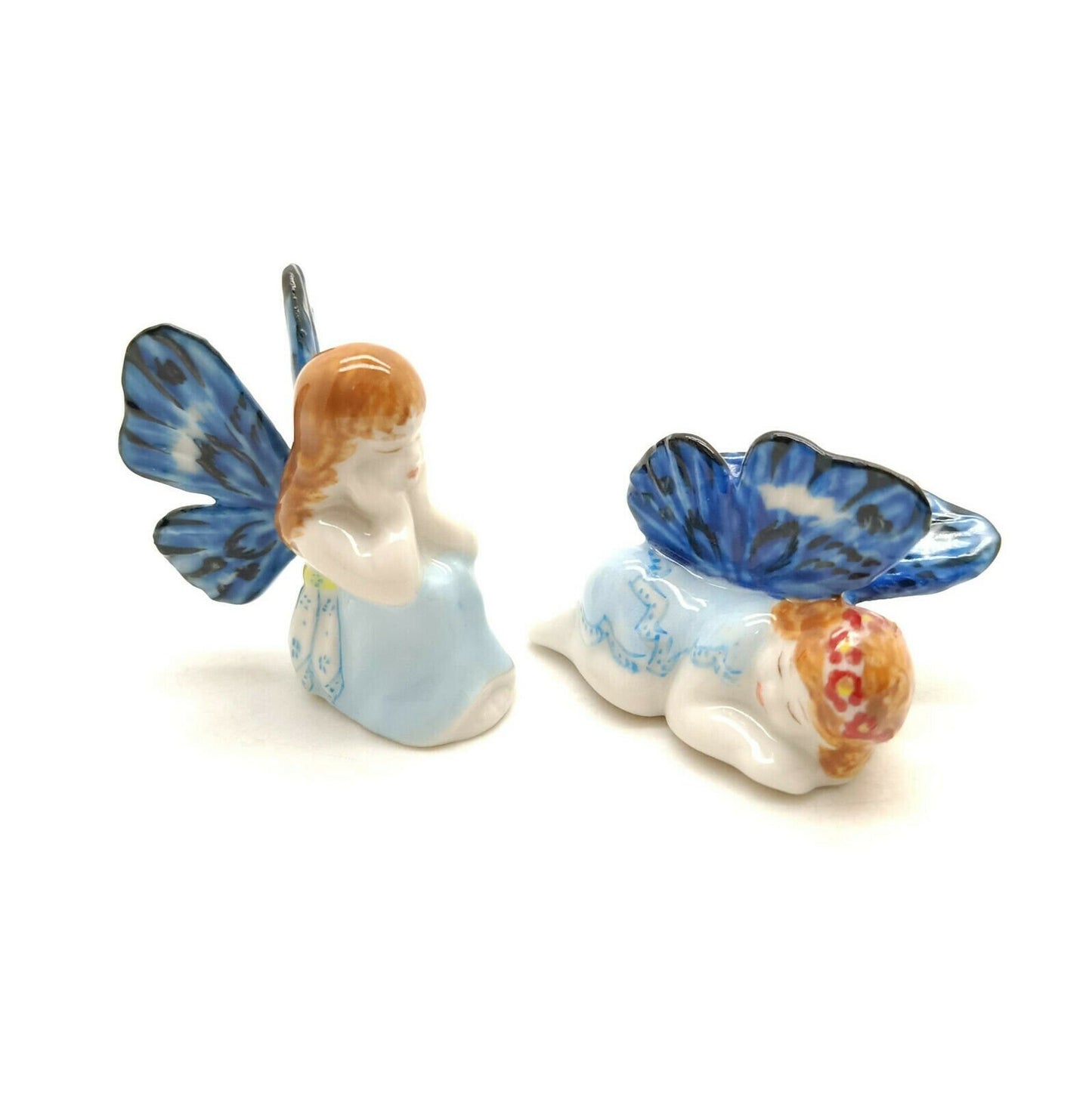 Set of 2 Angel Ceramic Figurine Miniature Blue with Wings Statue