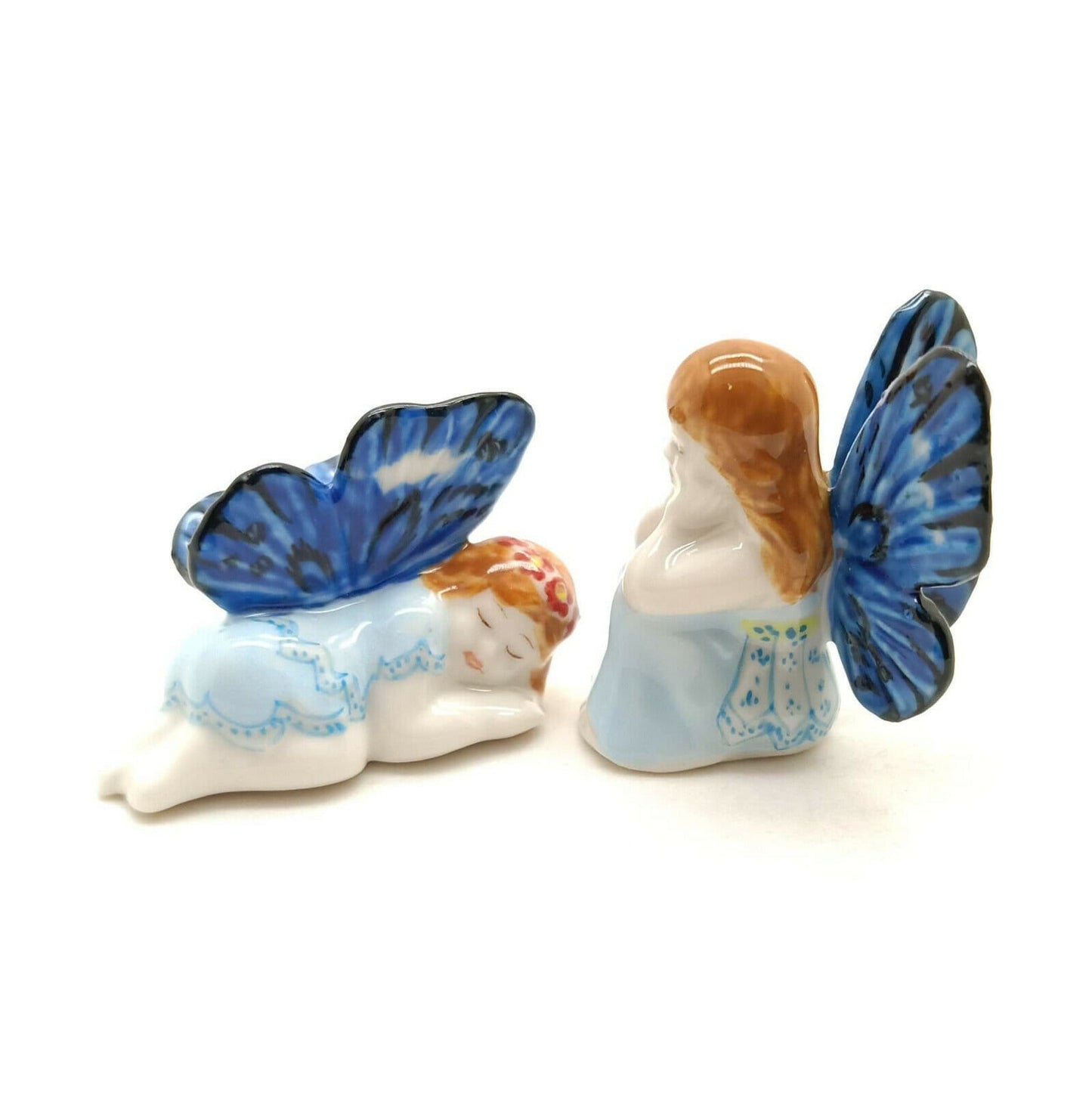 Set of 2 Angel Ceramic Figurine Miniature Blue with Wings Statue