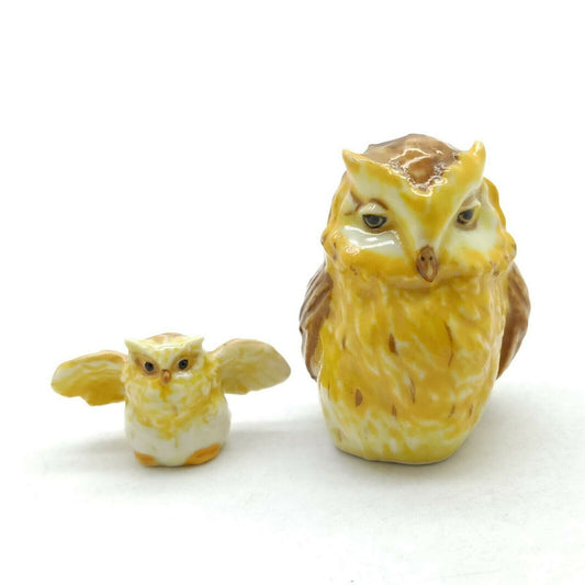 Yellowish Brown Owl with baby Ceramic Figurines