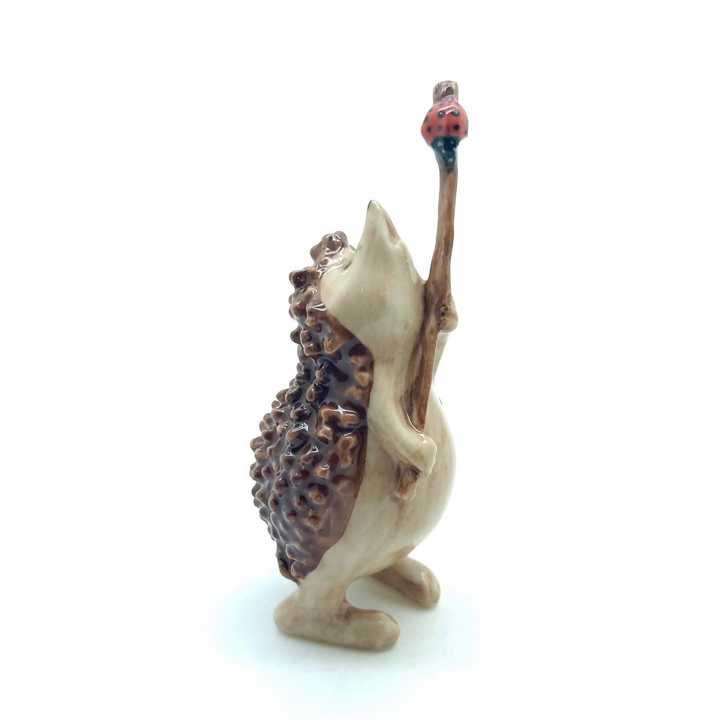 Hedgehog Porcupine Ceramic Figurine Holding Stick with Ladybug