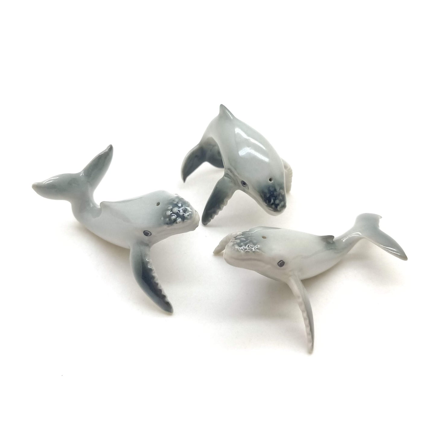 3 Humpback Whale Siblings Ceramic Figurines Miniature Statue