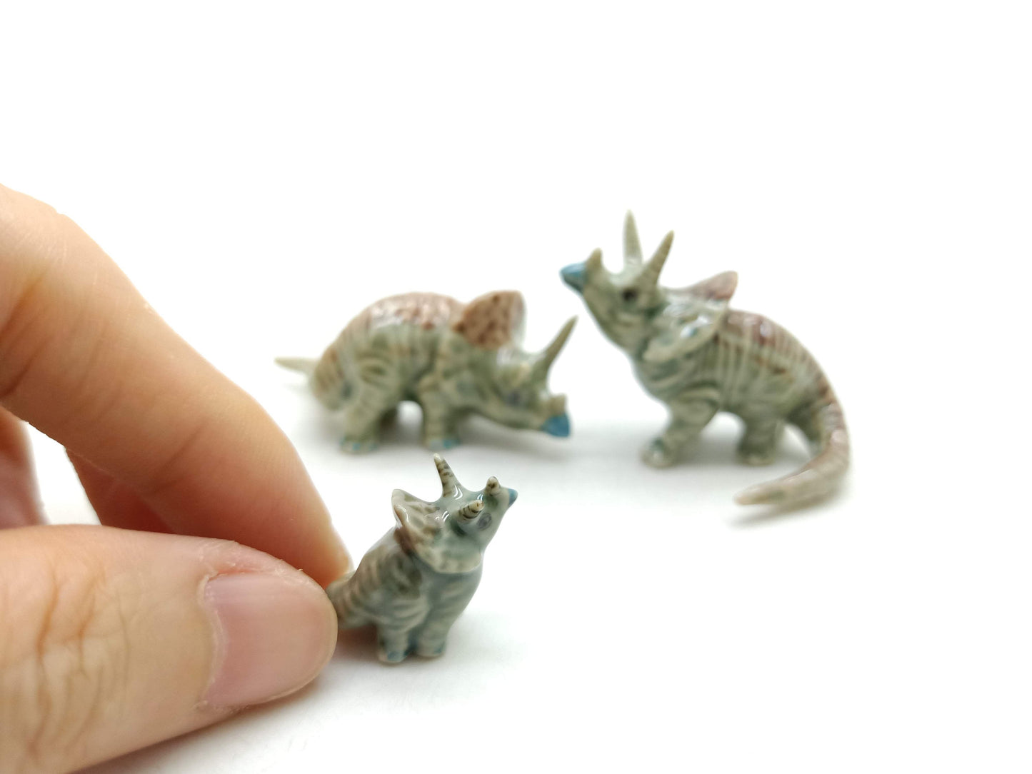 Set of 3 Dinosaur Ceramic Figurine Torosaurus Animal Statue