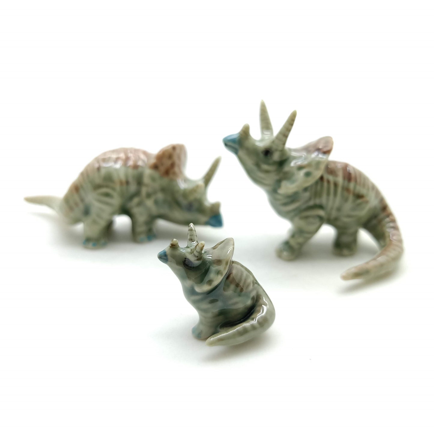 Set of 3 Dinosaur Ceramic Figurine Torosaurus Animal Statue