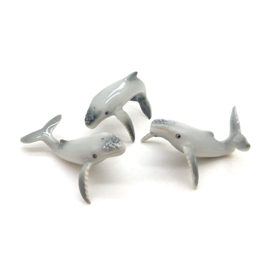 3 Humpback Whale Siblings Ceramic Figurines Miniature Statue