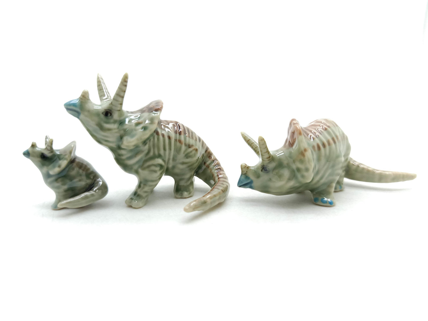 Set of 3 Dinosaur Ceramic Figurine Torosaurus Animal Statue