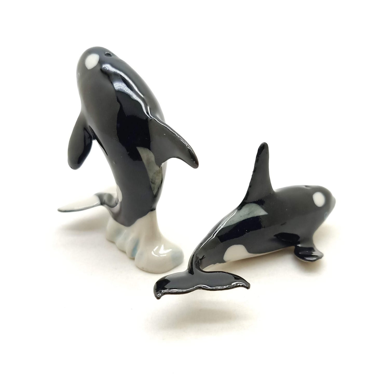 Set of 2 Killer Whale Fish Figurine Miniature Ceramic Statue