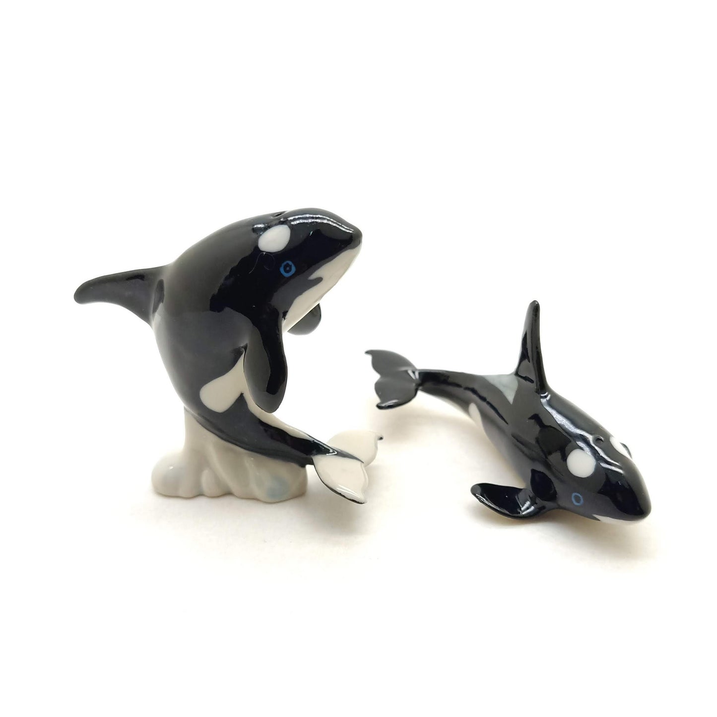Set of 2 Killer Whale Fish Figurine Miniature Ceramic Statue