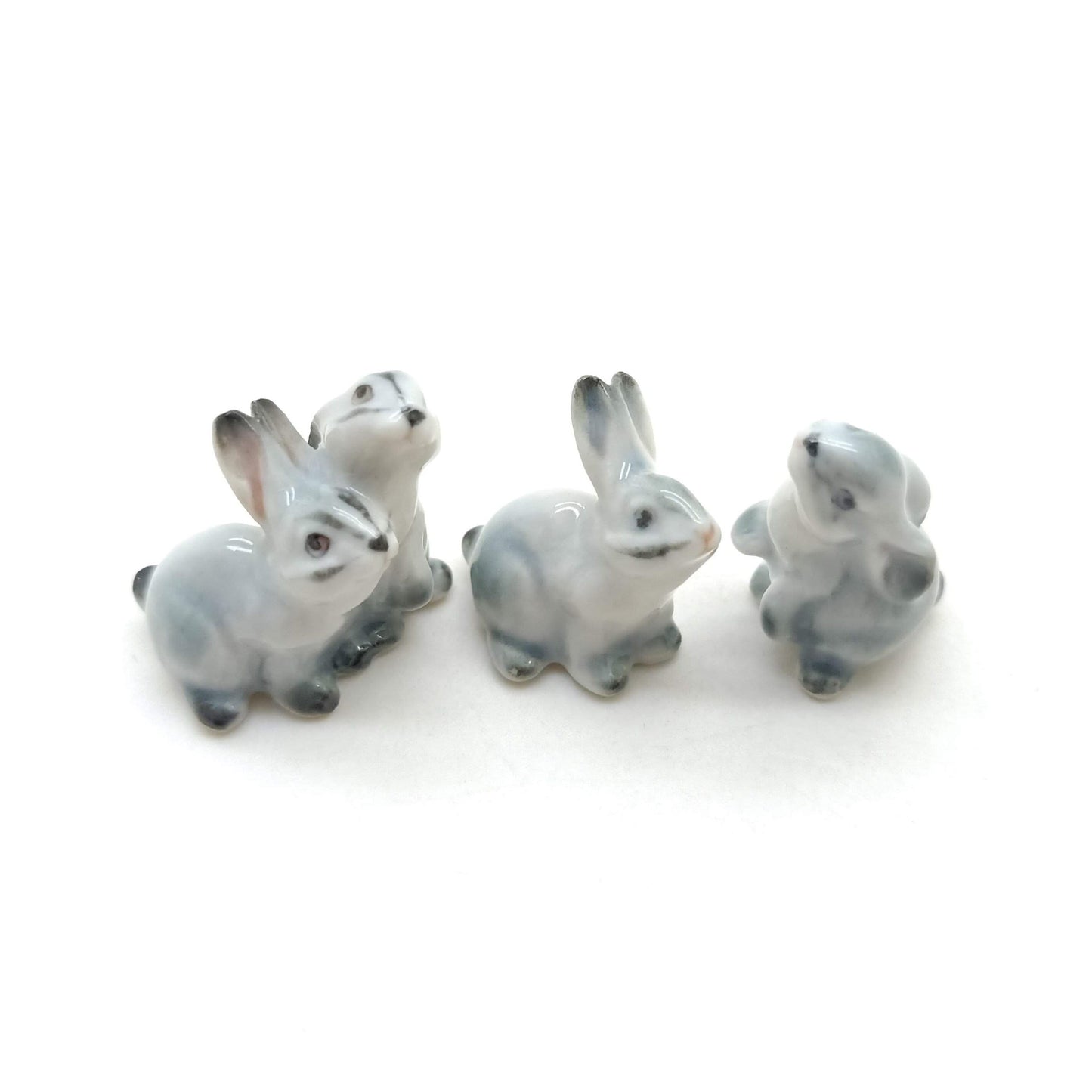 Set of 4 Tiny Rabbit Figurine Ceramic Statue
