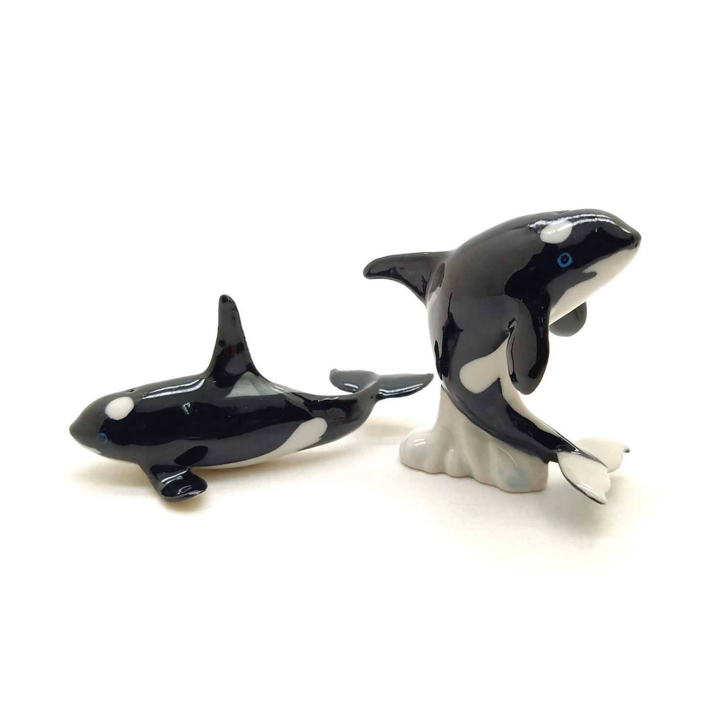 Set of 2 Killer Whale Fish Figurine Miniature Ceramic Statue