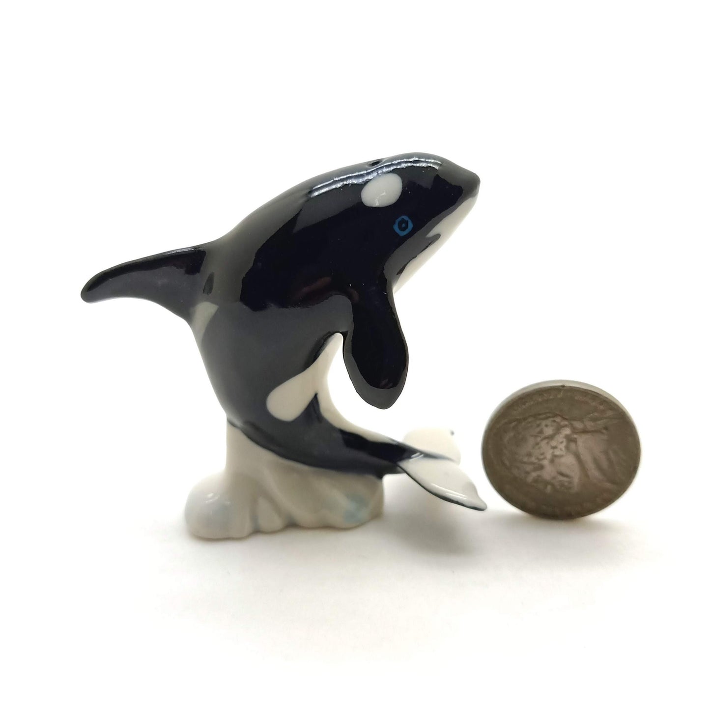 Set of 2 Killer Whale Fish Figurine Miniature Ceramic Statue