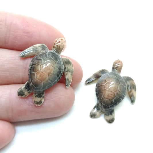 Set of 2 Tiny Sea Turtle Figurine Ceramic Statue