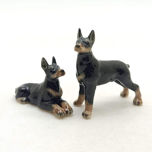 Set 2 Ceramic Figurine Doberman Pinscher Dog Animal Miniature Statue