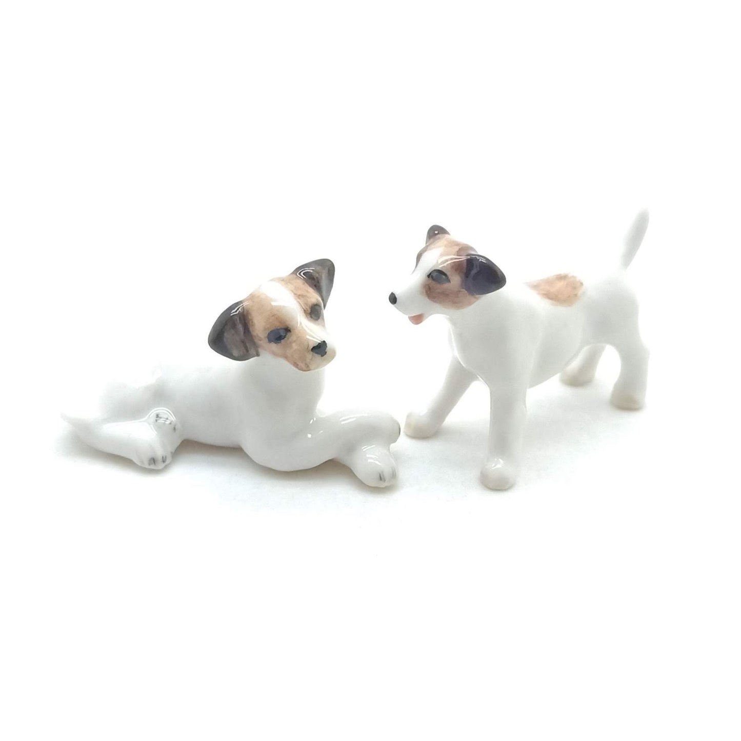 2 Jack Russell Terrier Dog Figurine Ceramic Miniature Animal Statue