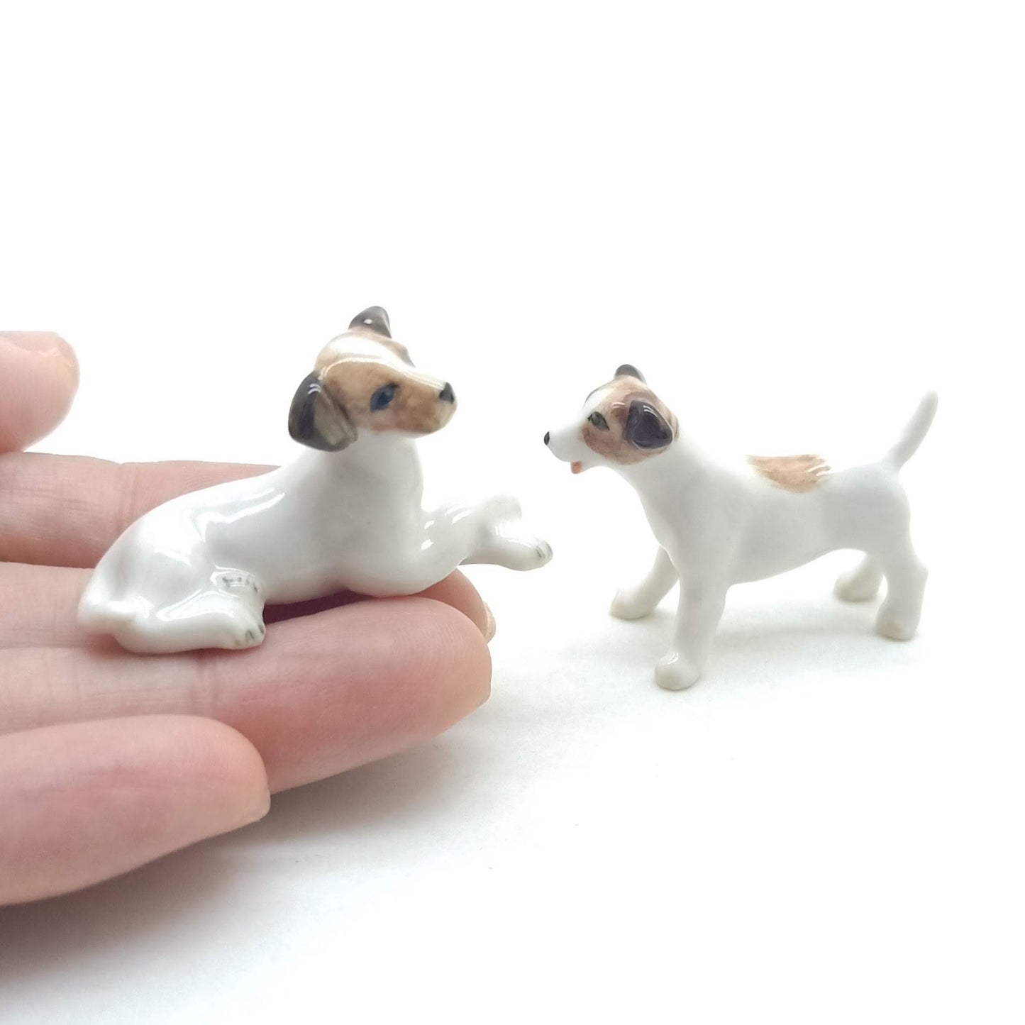 2 Jack Russell Terrier Dog Figurine Ceramic Miniature Animal Statue