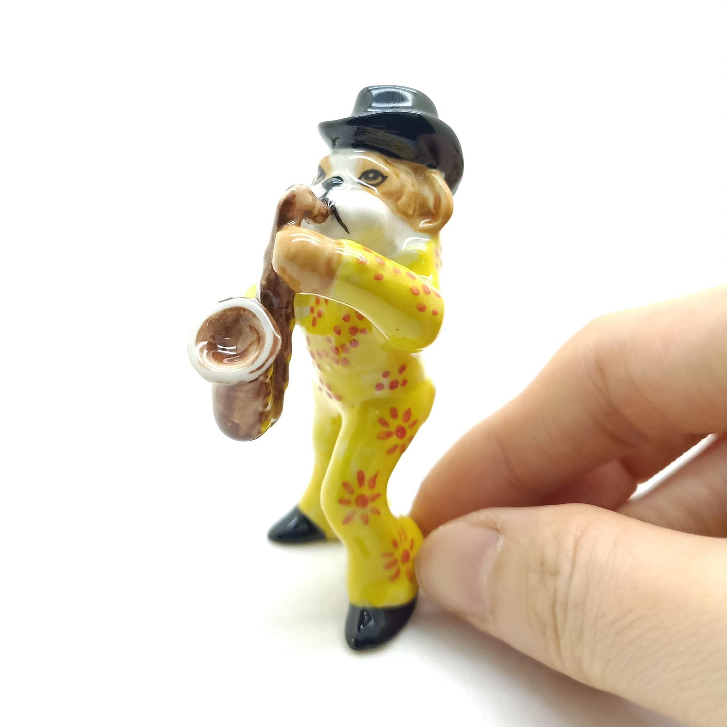 Bulldog Dog Figurine Ceramic Statue Saxophone Singing Guitar Saxophone Music Band Elvis Presley