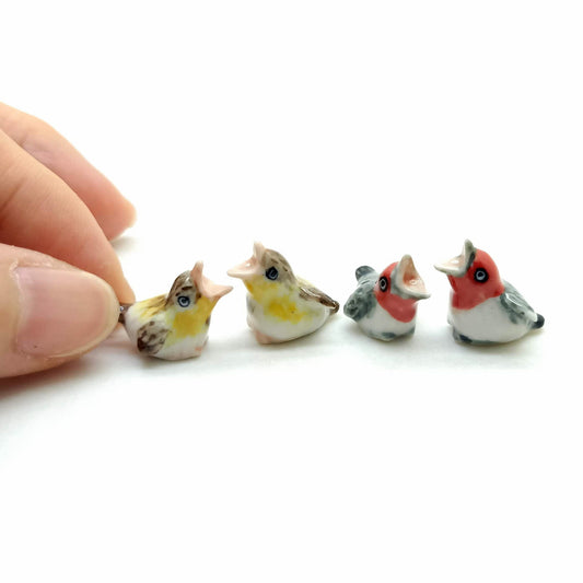 Set of 2 Tiny Bird Figurine Ceramic Animal Dollhouse Miniature American Goldfinch Red Crested Cardinal