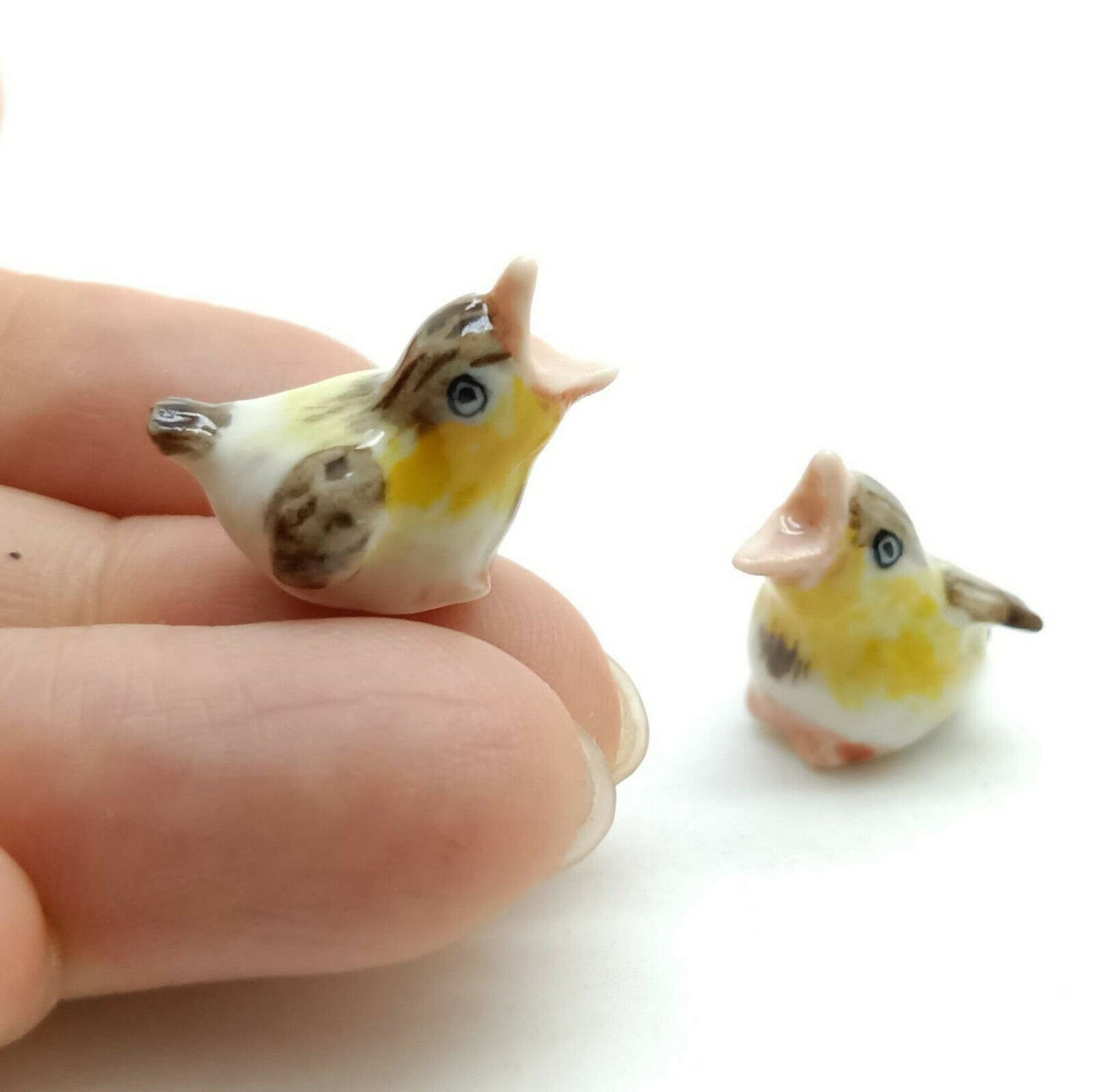 Set of 2 Tiny Bird Figurine Ceramic Animal Dollhouse Miniature American Goldfinch Red Crested Cardinal